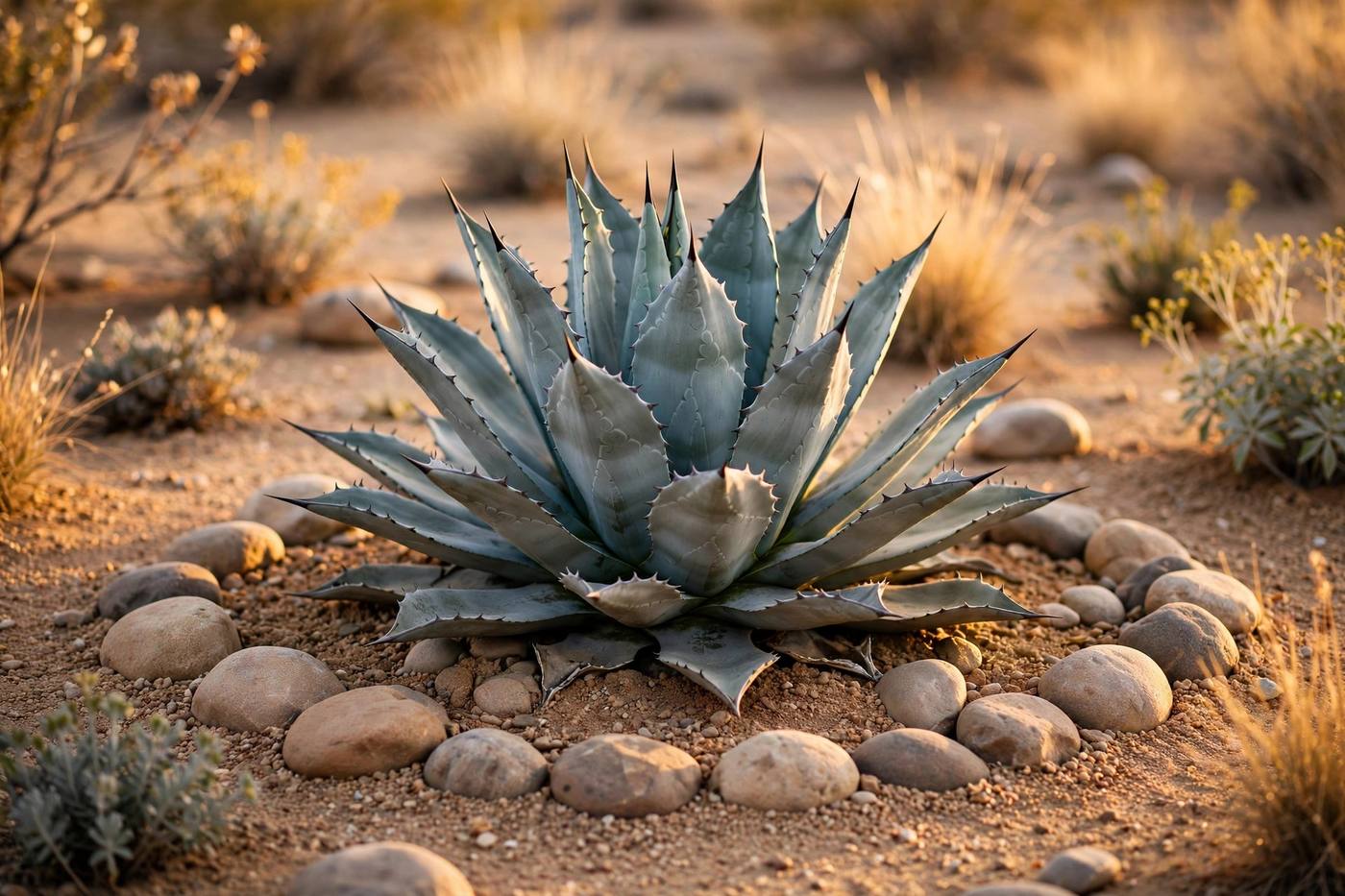 A blue agave planted among desert stones