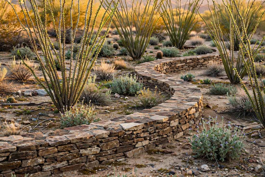 Agave and drought-tolerant plantings in gravel at golden hour